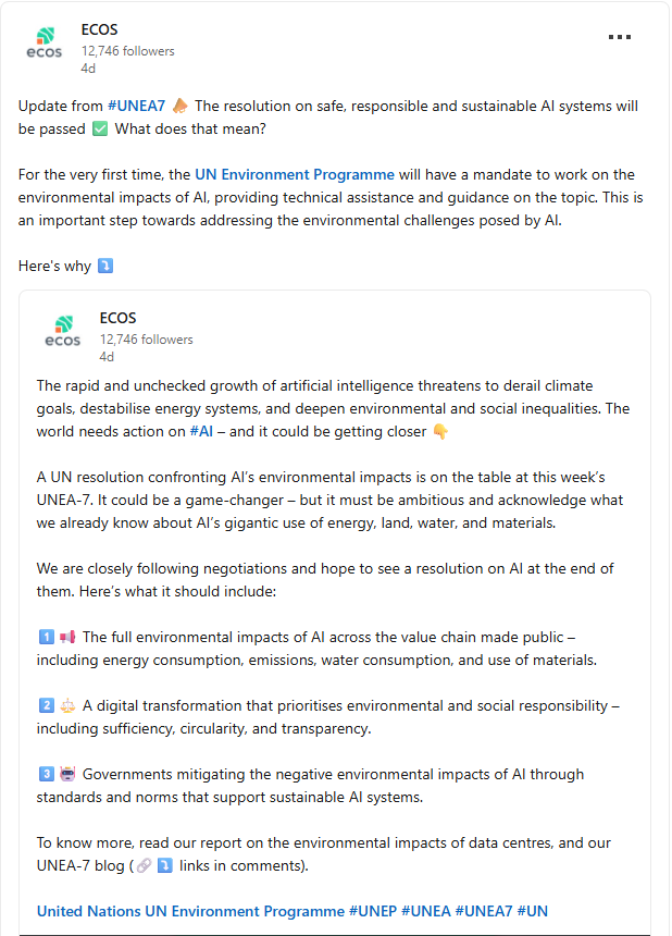 2025-12-12 UNEA7 AI resolution - ECOS LinkedIn post